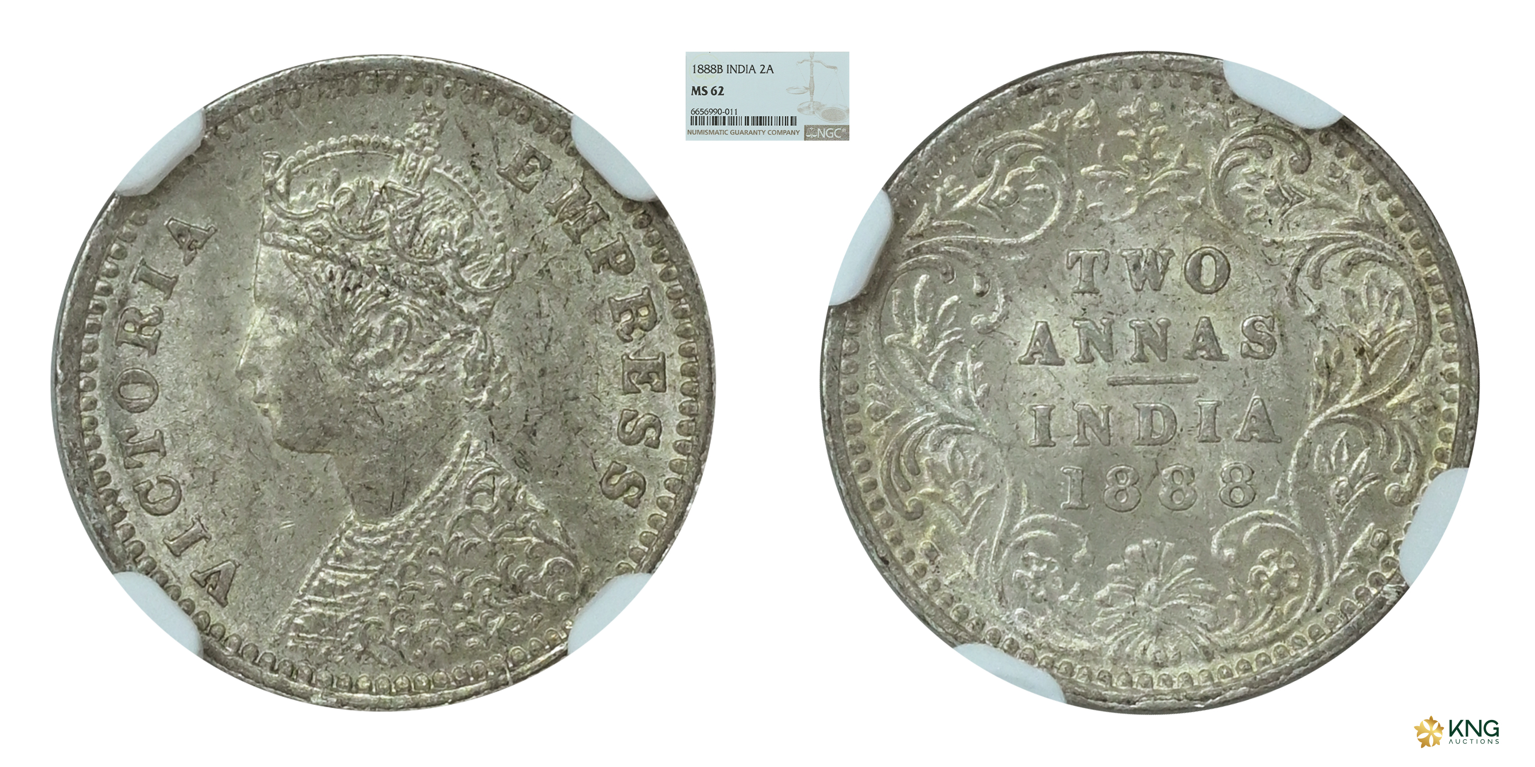 British India, Victoria Empress , silver two annas , 1888-B , Bombay mint, with incuse “B”
