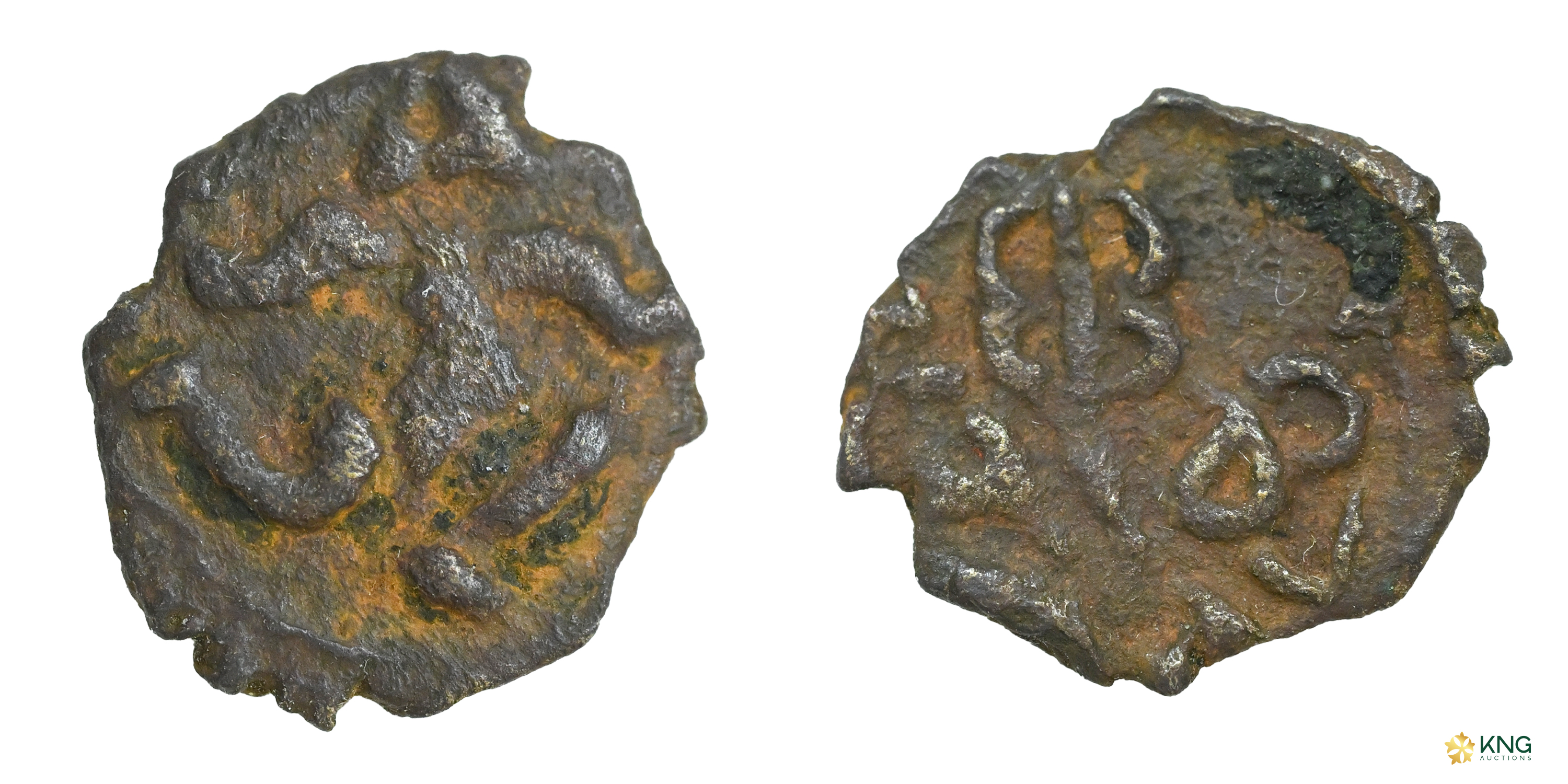 Medieval Gujarat (c. 8th–9th Century AD), copper unit (0.69 g, 10.66 mm), Gandharva type. 