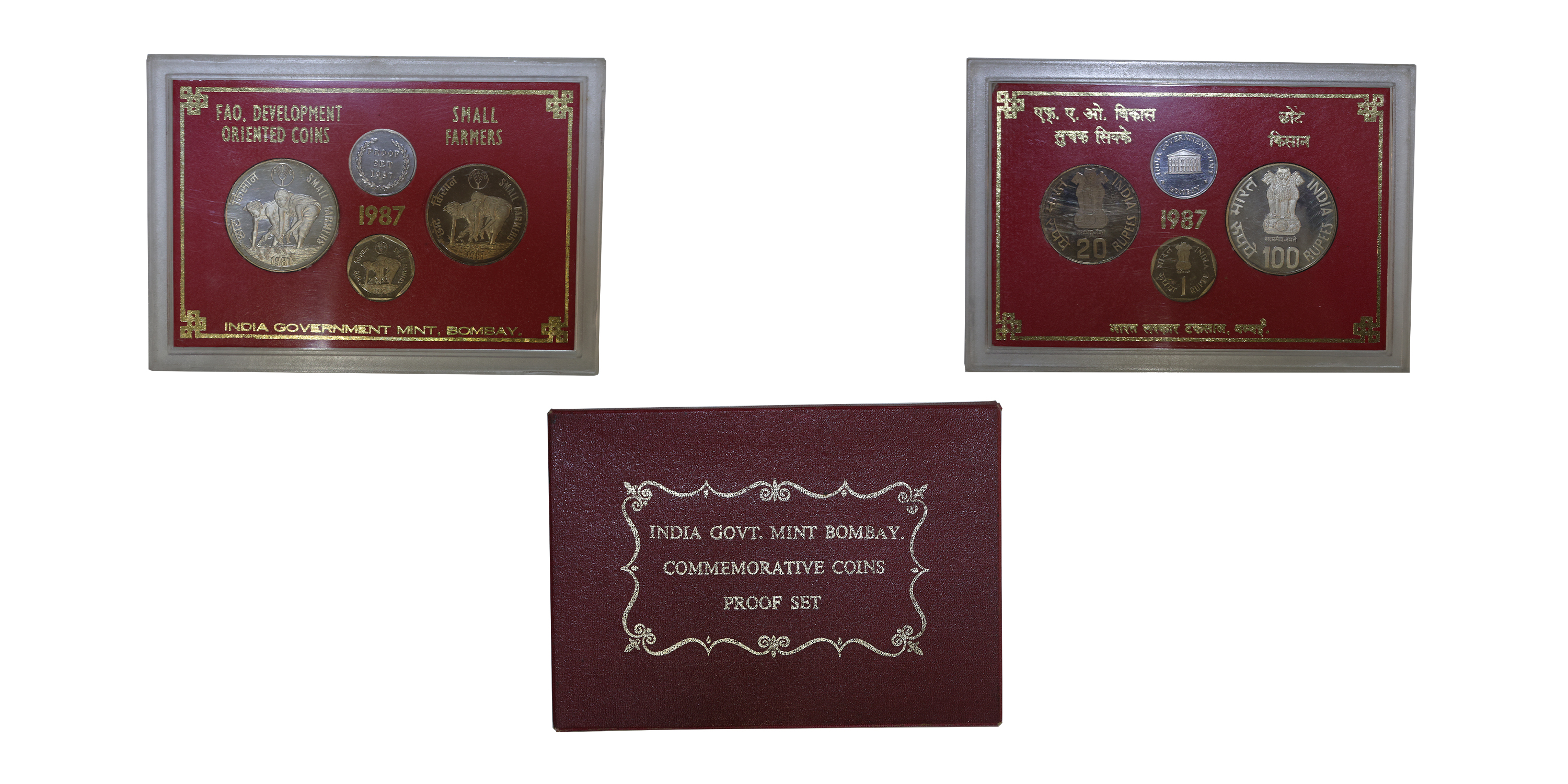 Commemorative, 1987 , “Small Farmers”, Bombay Mint, Proof Coin Set - (in acrylic case), 3