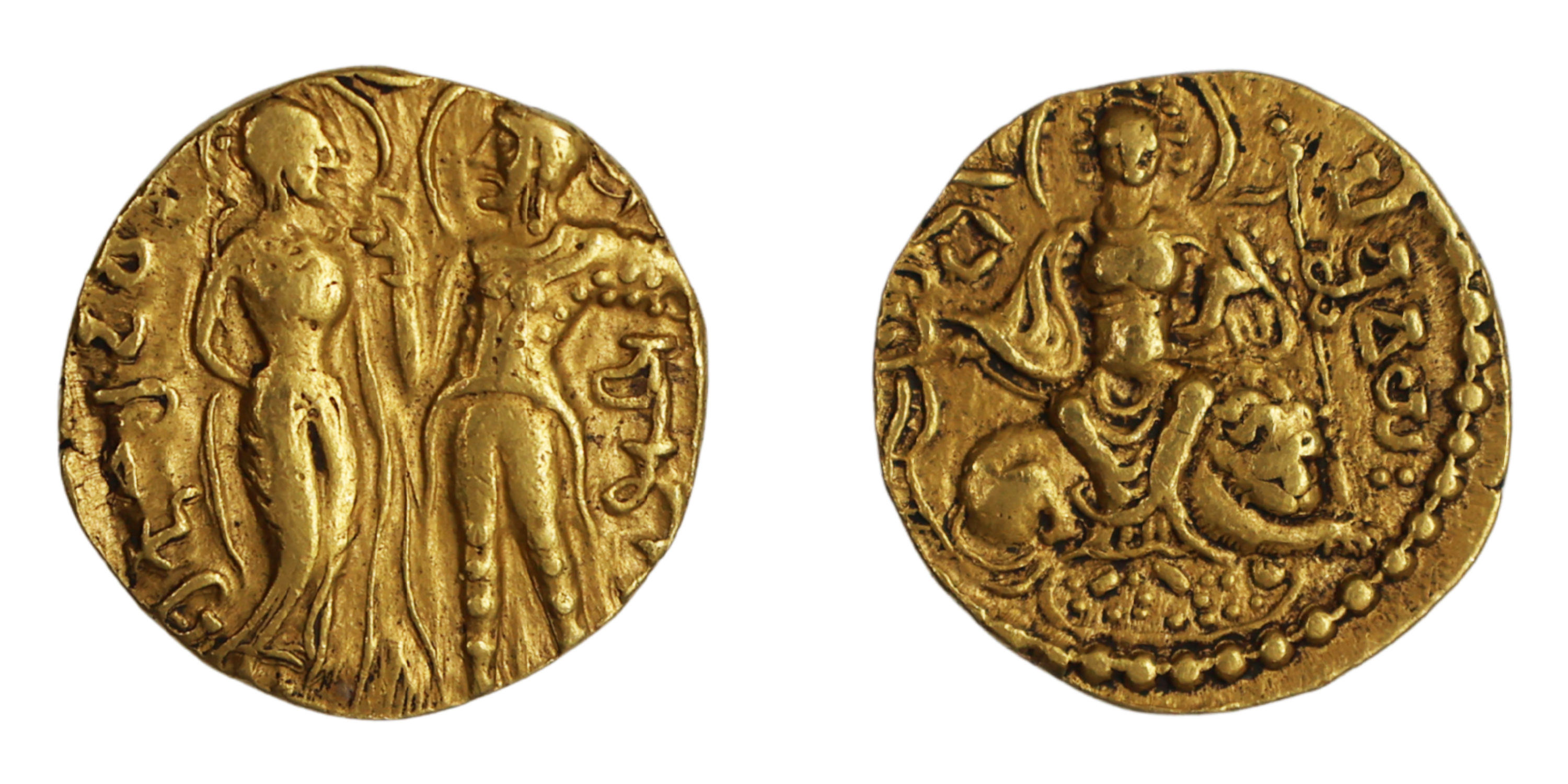 Samudragupta, Gold Dinar , 7.44g, ‘King &amp; Queen' type , Obv: The royal couple stands f