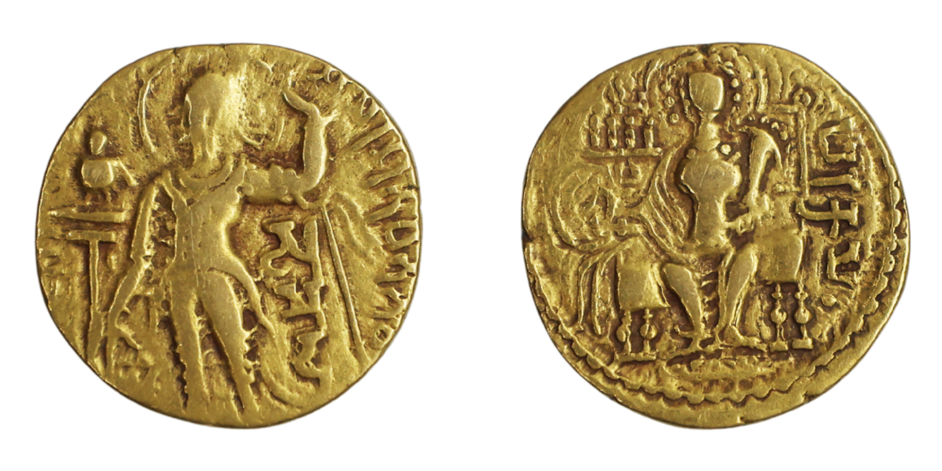 Samudragupta, Gold Dinar, 7.33g, ‘Javelin/ Standard' type , Obv: King nimbate standing lef