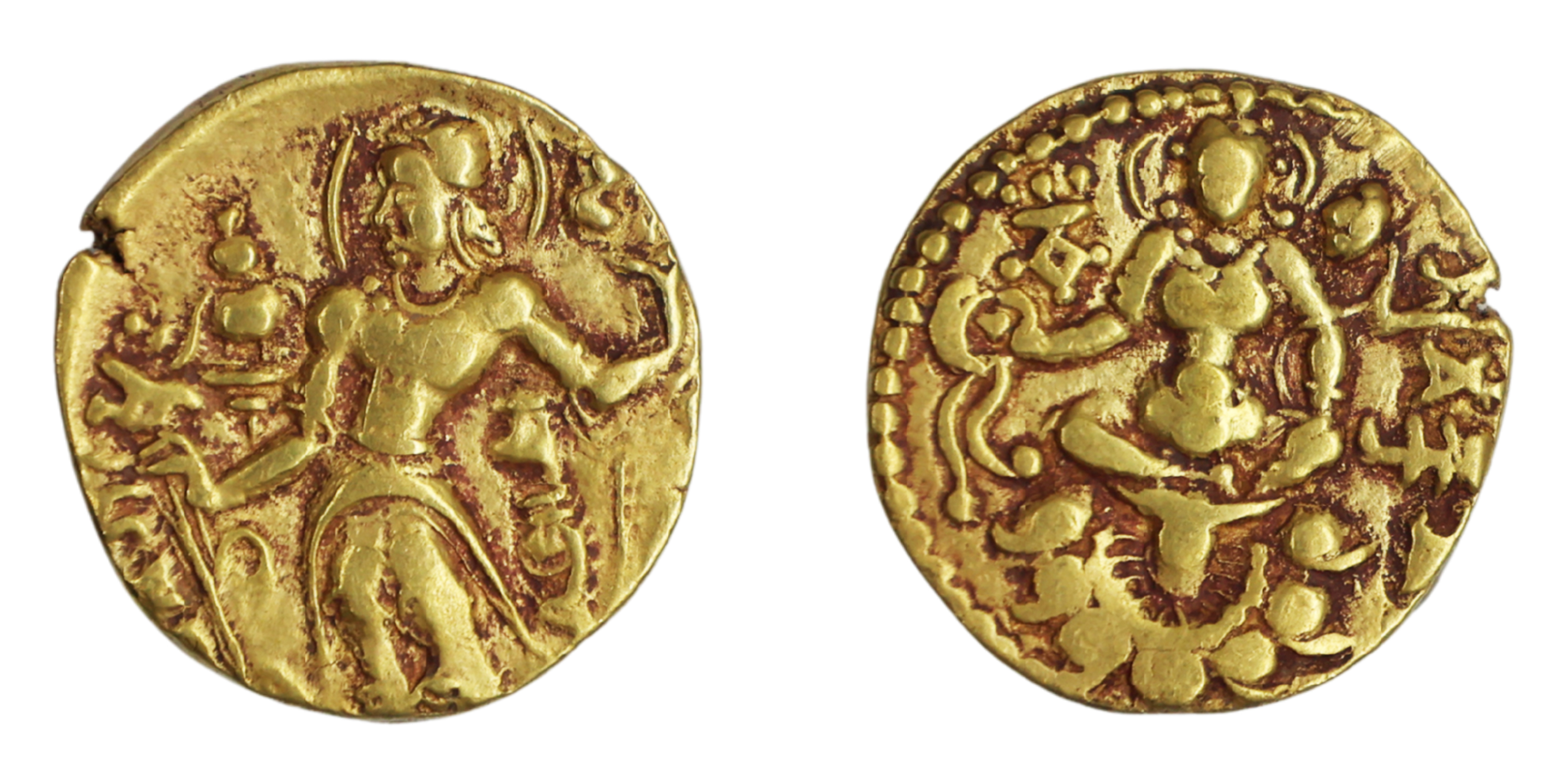 Chandragupta II, Gold Dinar, 7.76g, ‘Archer' type Obv: King nimbate with halo, standing le