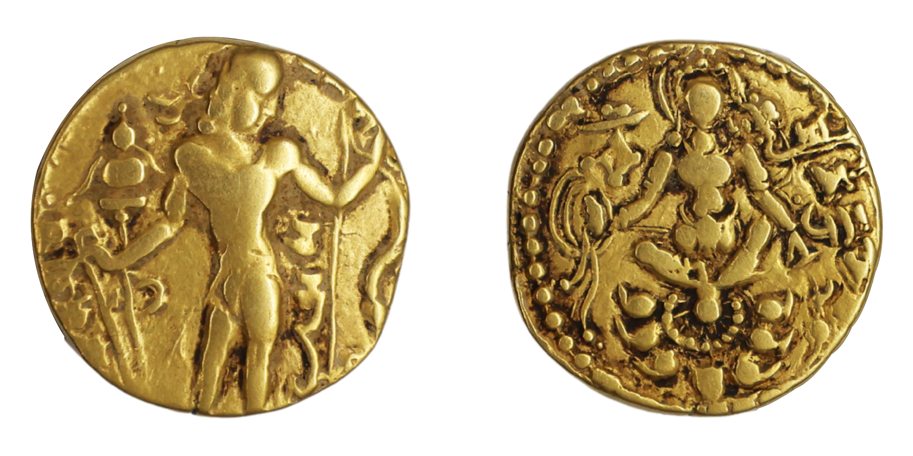 Chandragupta II , Gold Dinar , 7.67g, ‘Archer' type , Obv: King nimbate, his head turned t