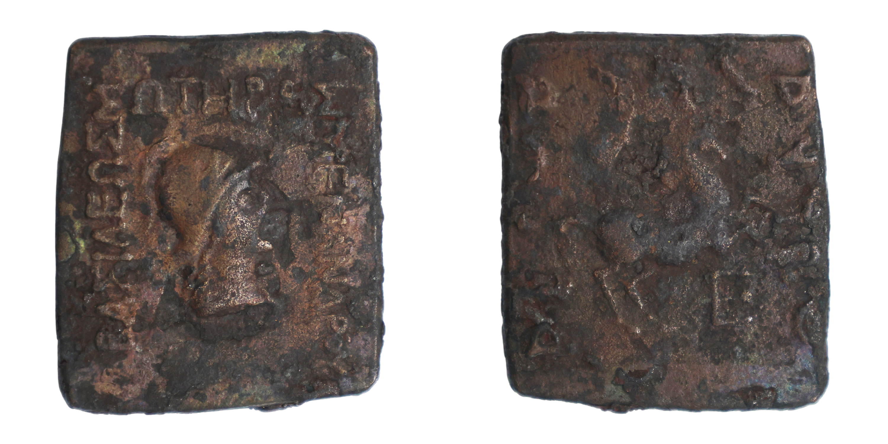 INDO-GREEK: Menander I Soter , square Copper diobol (16 chalkoi), 39.15g, helmeted head of