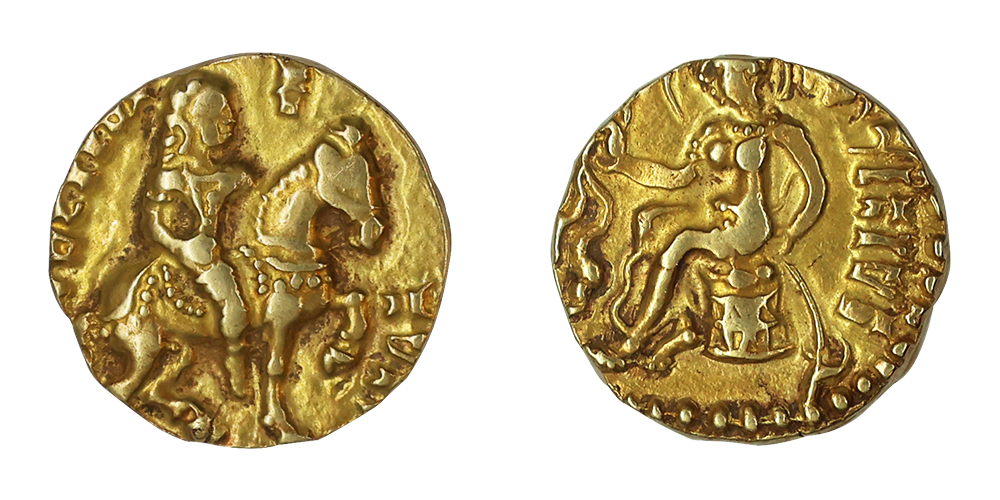 Kumaragupta I, Gold Dinar , 8.17g, 18.52mm, ‘Horseman' Type , Obv: King nimbate, riding a 