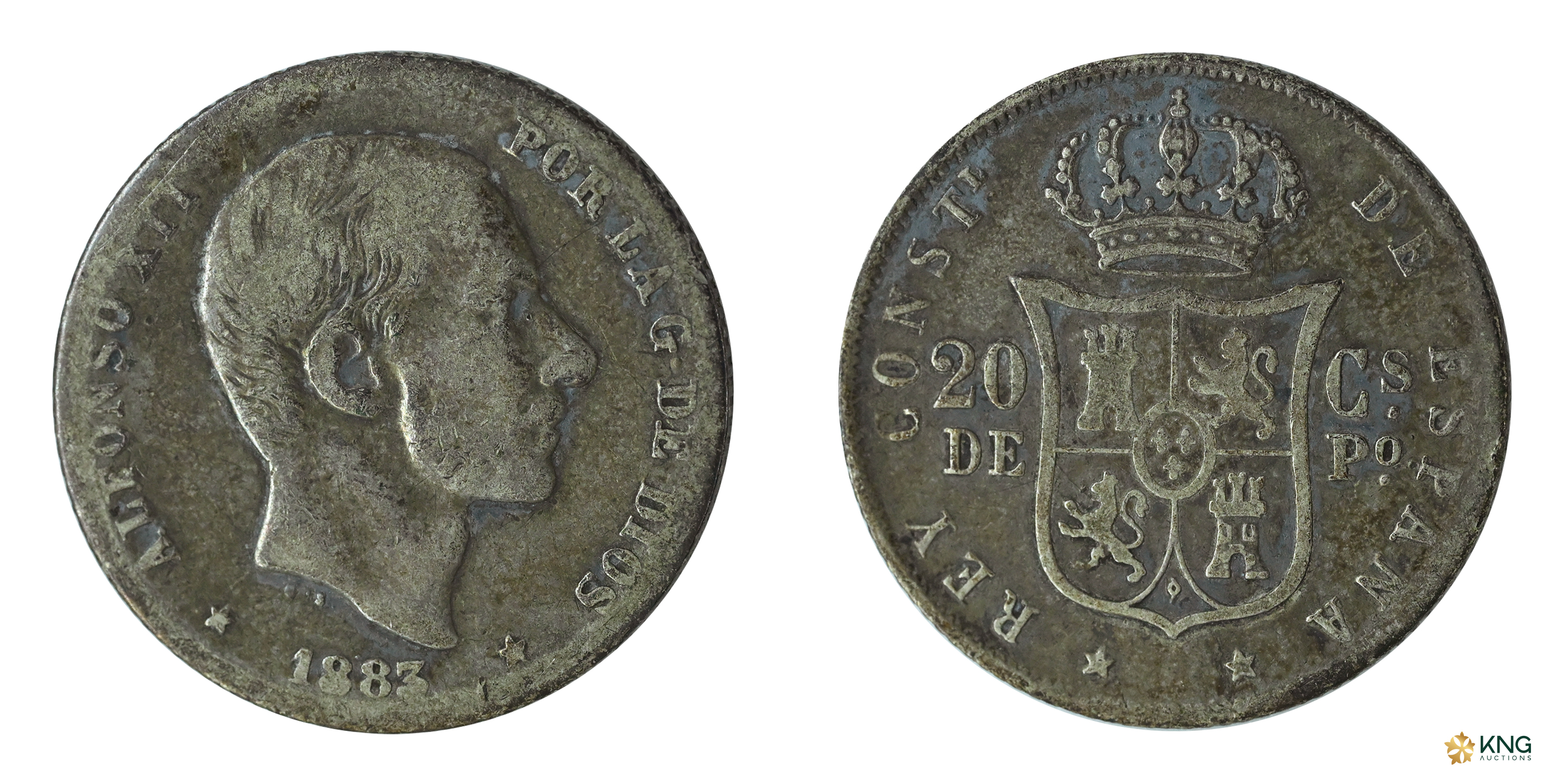 Philippines, Alfonso XII (AD 1874–1885), silver 20 centavos (5.02 g, 23.30 mm). Obv: Right