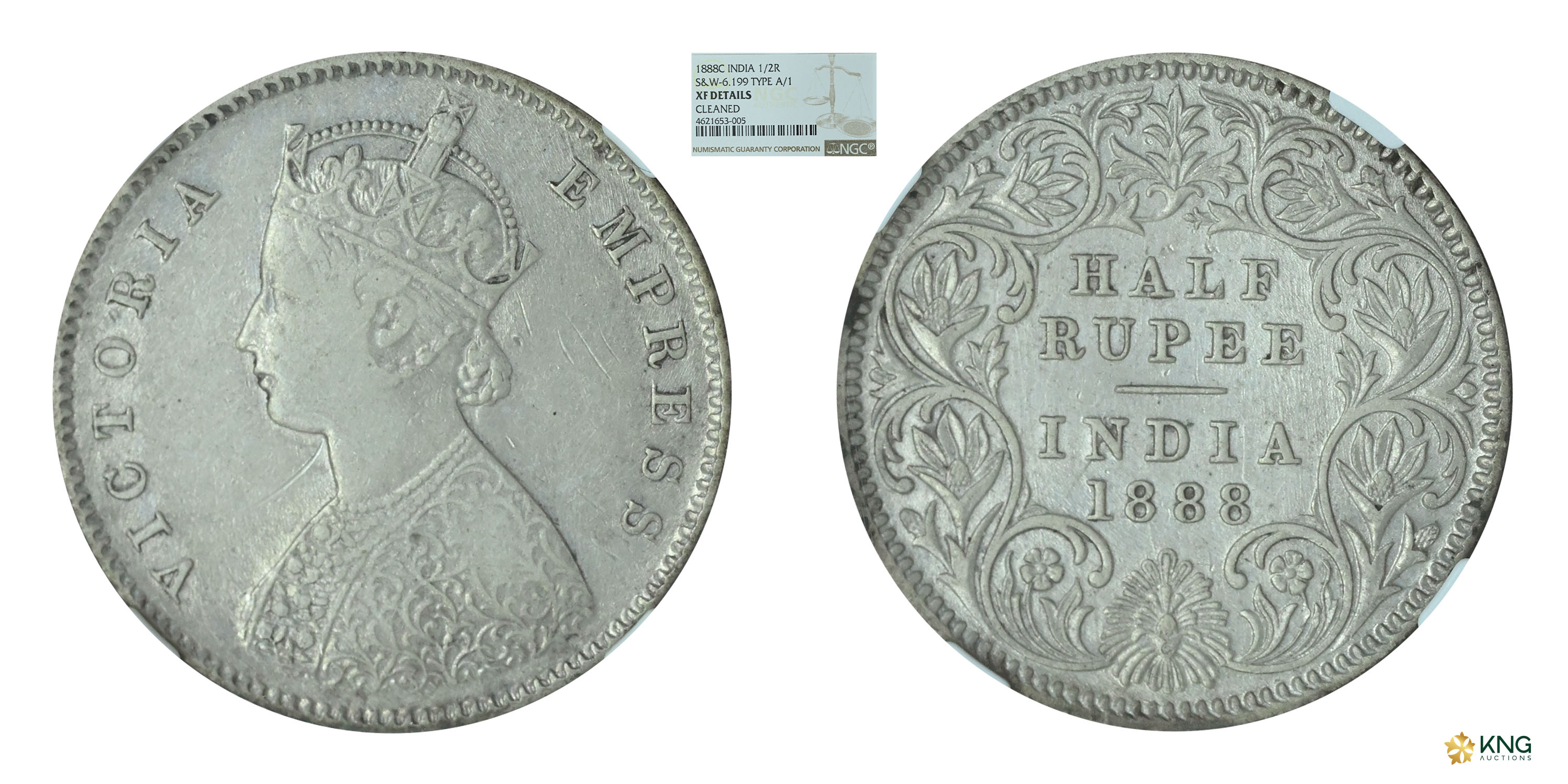 British India , Victoria Empress , silver ½ rupee , 1888, Calcutta mint , A/I, C incuse. P