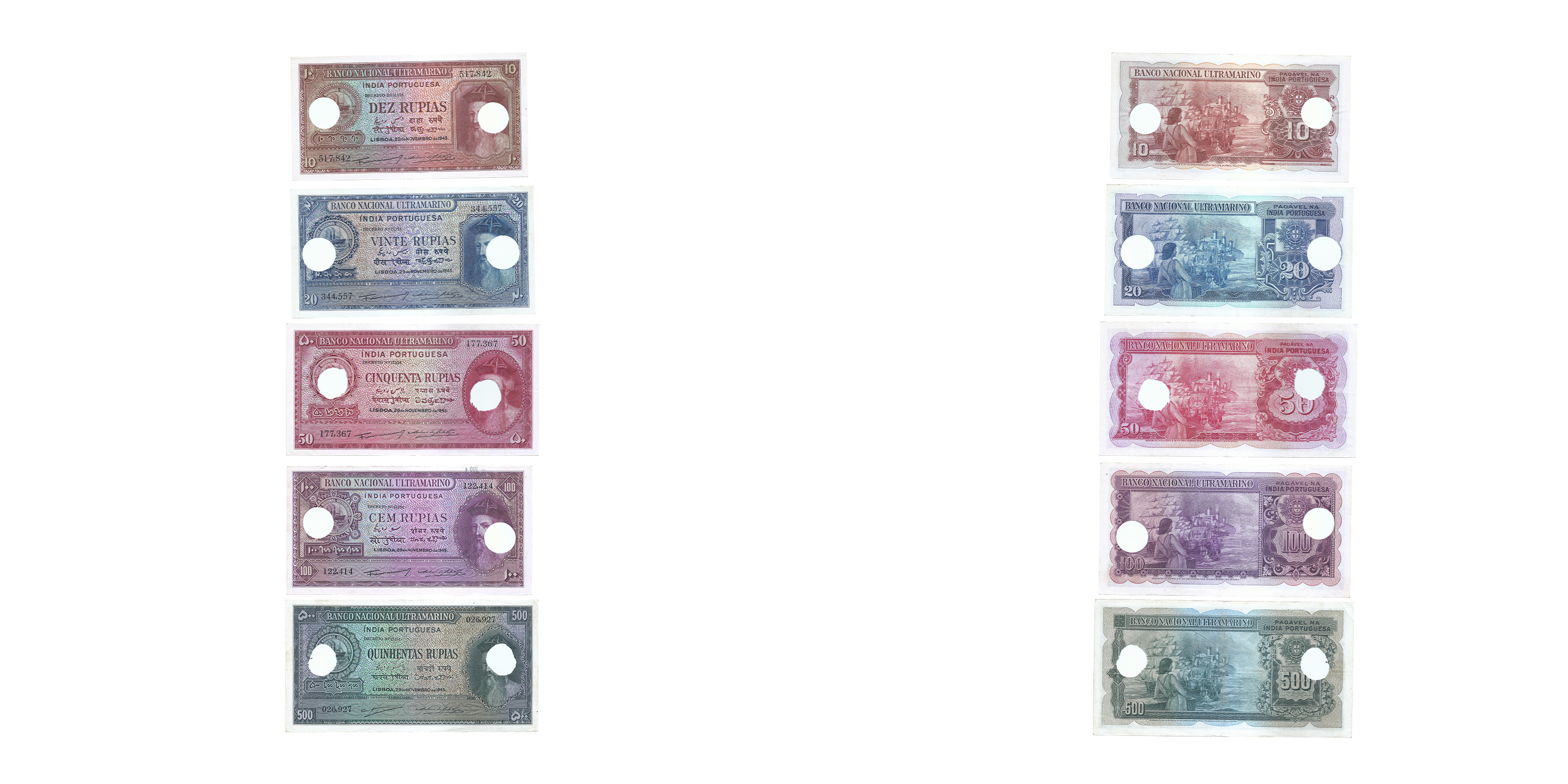Indo-Portuguese Territories, 10, 20, 50, 100, 500 Rupias, Hole cancelled set of 5 notes,da