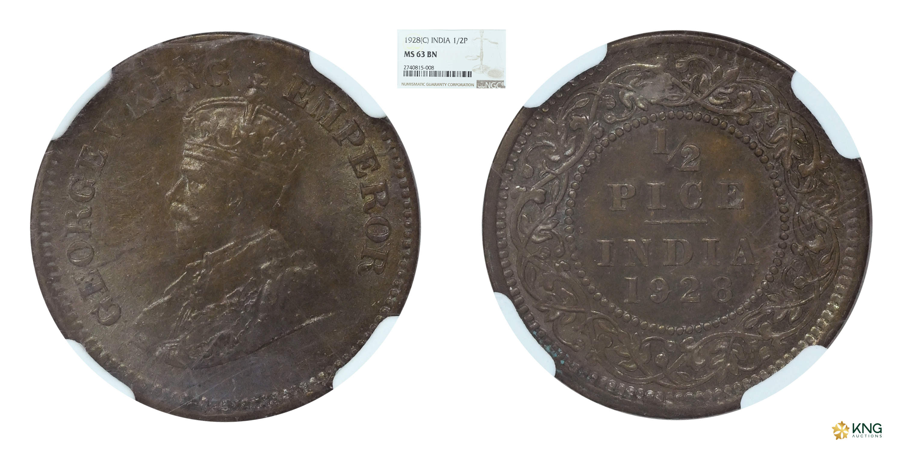 British India, George V, King Emperor , bronze ½ pice , 1928 , Calcutta mint. PR# 761 / S&