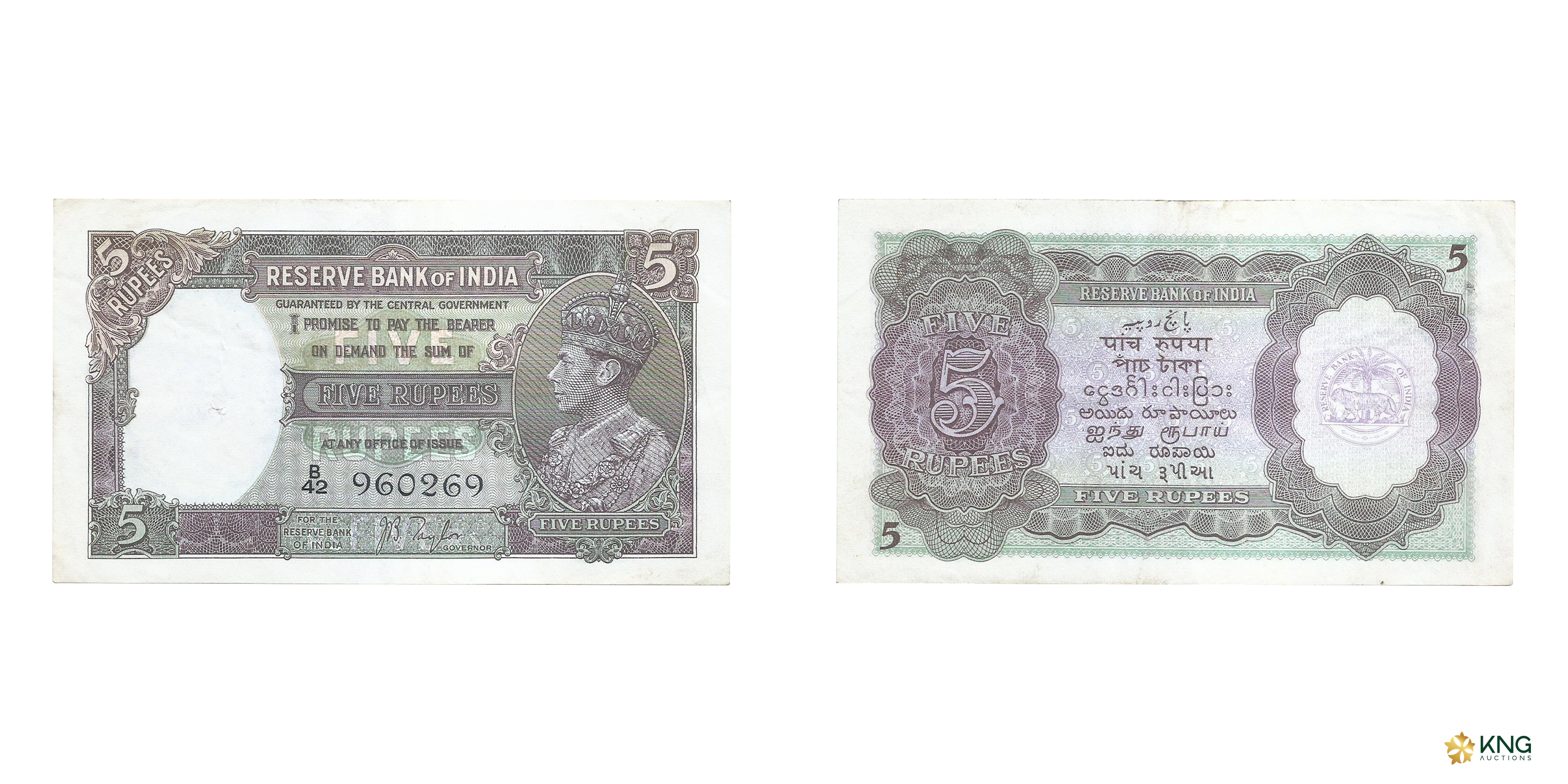 British India, George VI , 5 rupees , 1944, signed by J. B. Taylor , serial number in blac