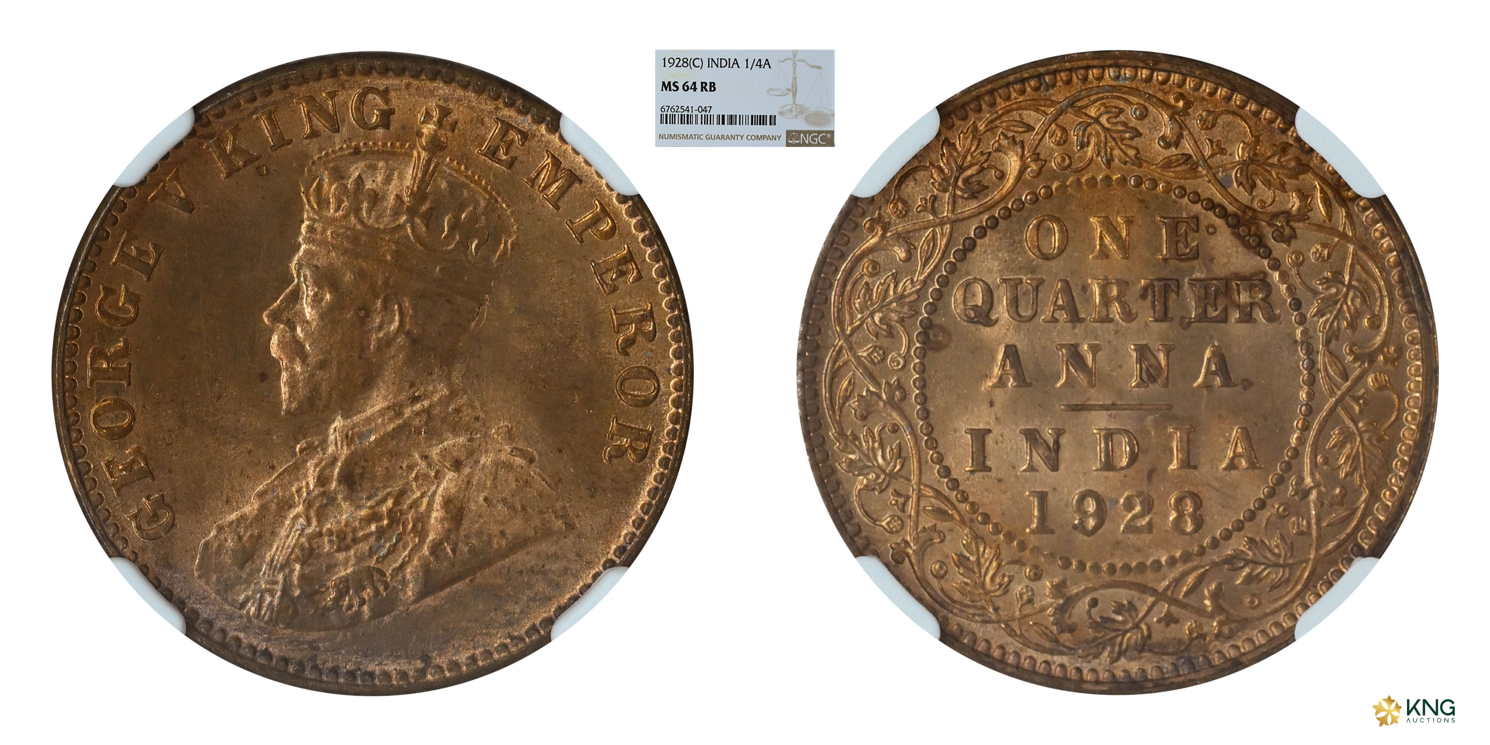 British India , George V, King Emperor , bronze ¼ anna , 1928, Calcutta mint . PR# 669 / S