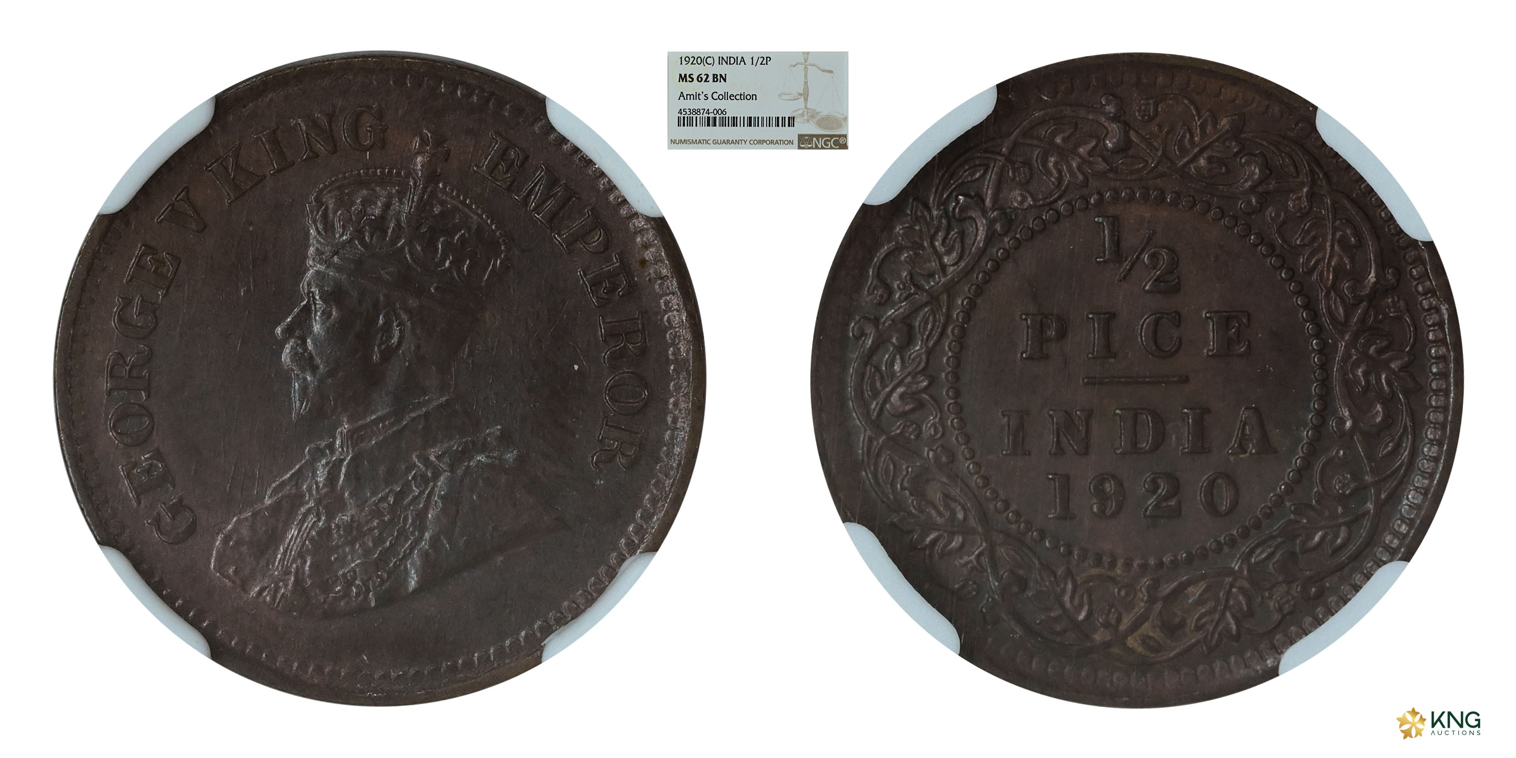 British India , George V, King Emperor , bronze ½ pice , 1920, Calcutta mint . PR# 753 / S