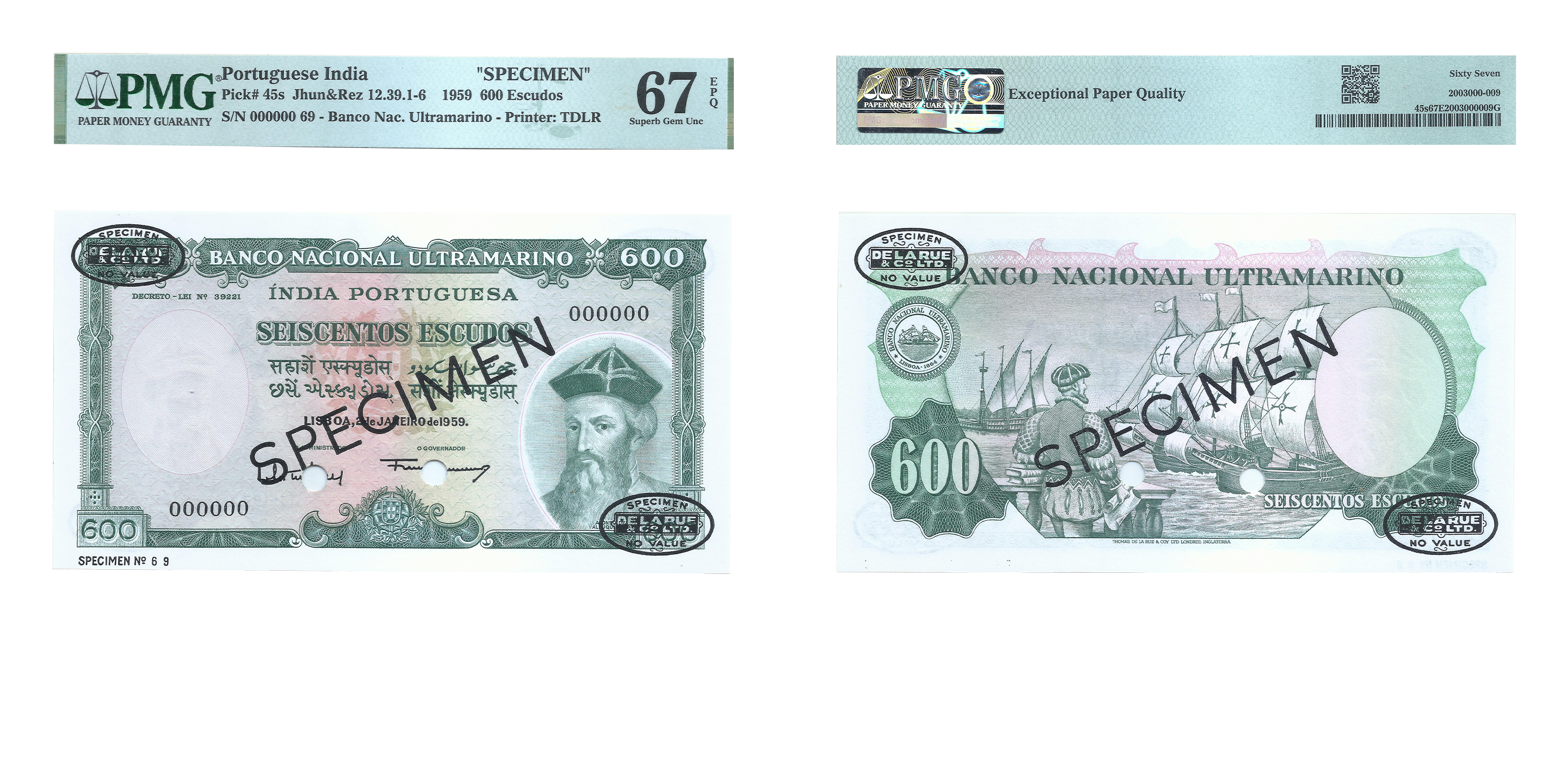 Indo-Portuguese, 1959, Specimen 600 (Seiscentos) Escudos, Banco Nacional Ultramarino , 7th