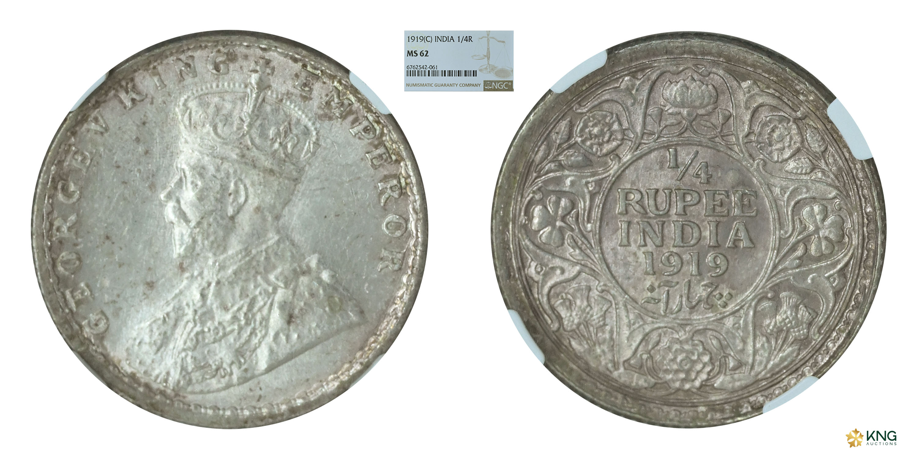 British India , George V, King Emperor , silver ¼ rupee , 1919, Calcutta mint . PR# 448 / 