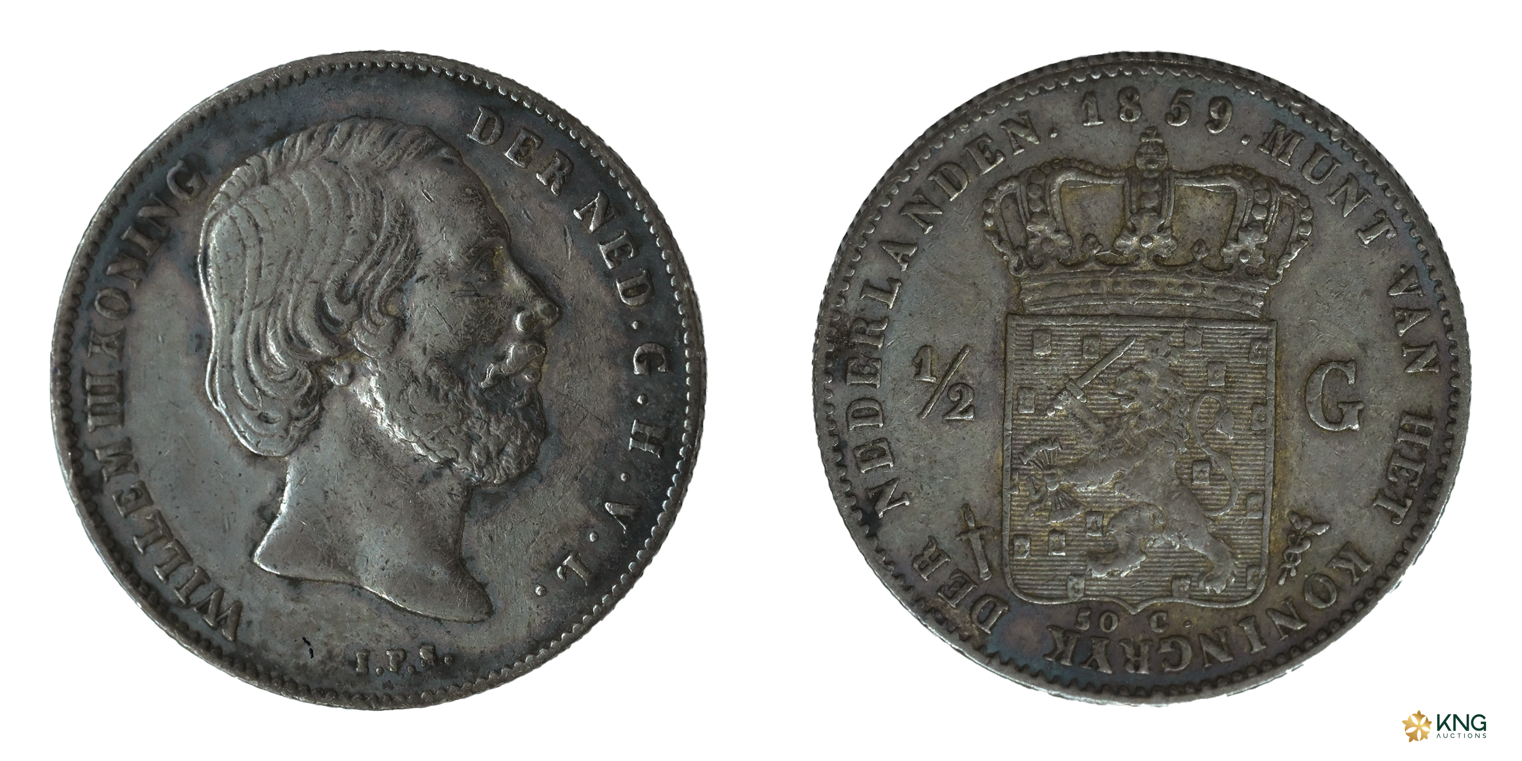 Netherlands, William III (AD 1849–1890), silver ½ gulden (4.96 g, 22.55 mm), 1859. Obv: He