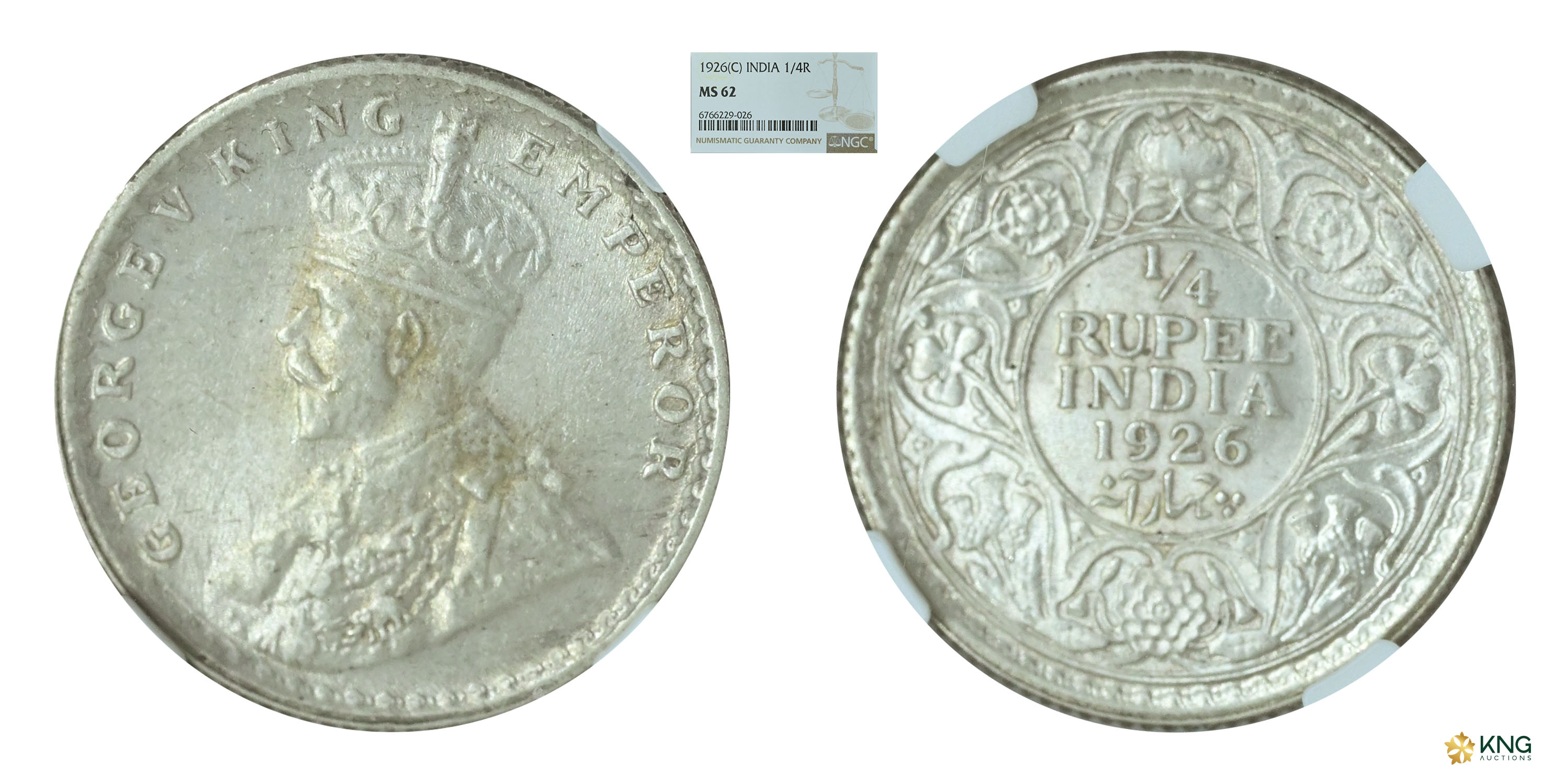 British India , George V, King Emperor , silver ¼ rupee , 1926, Calcutta mint . PR# 449 / 