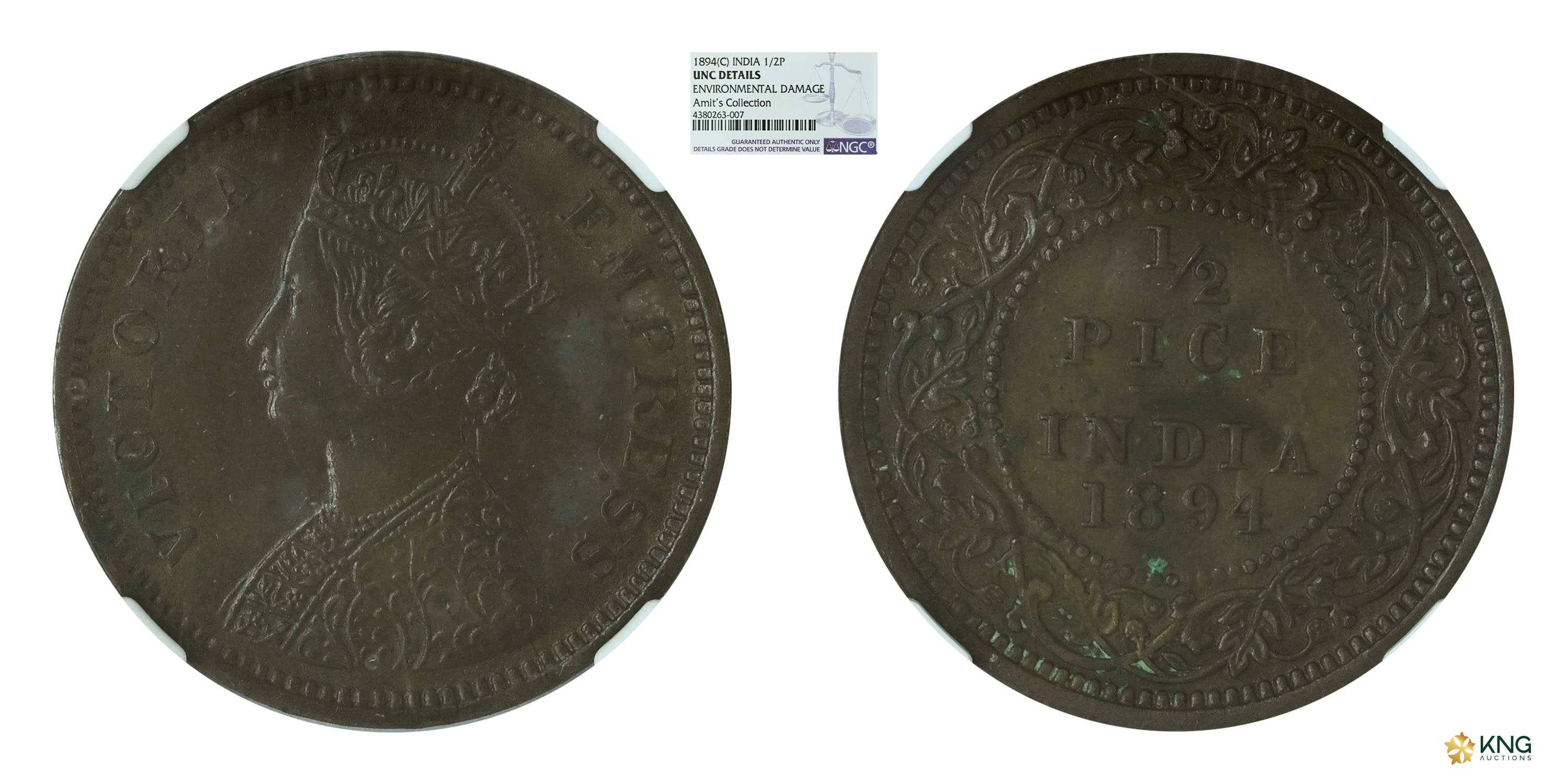 British India , Victoria Empress , copper ½ pice , 1894, Calcutta mint . PR# 727 / S&amp;W