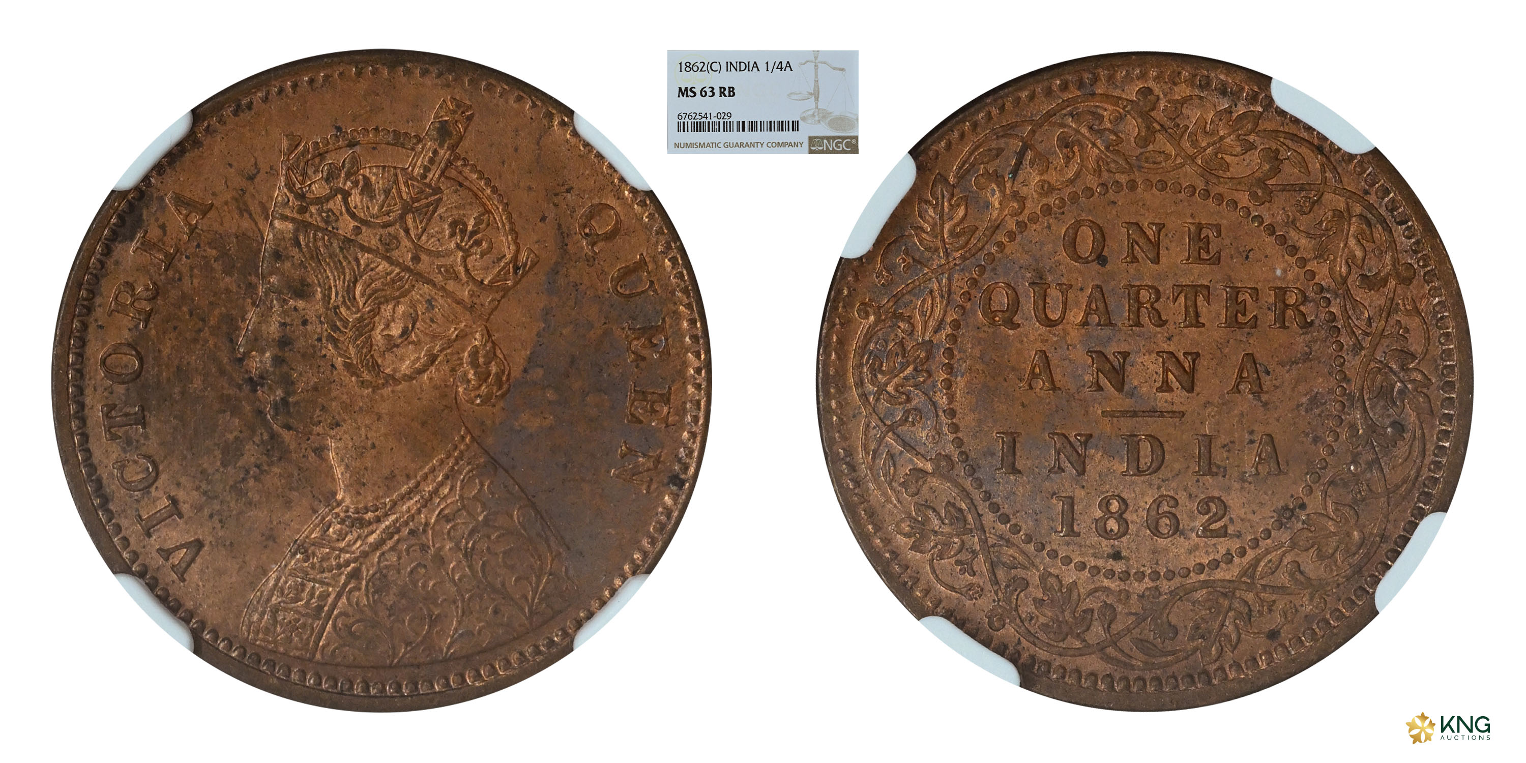 British India , Victoria Queen , copper ¼ anna , 1862, Calcutta mint , B/I. PR# 600 / S&am