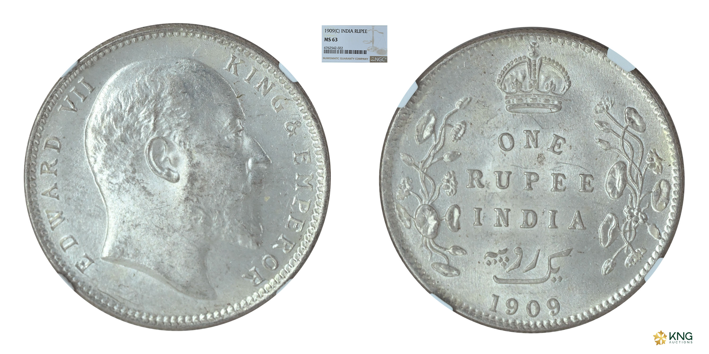 British India, Edward VII, King and Emperor , silver rupee , 1909 , Calcutta mint. PR# 195