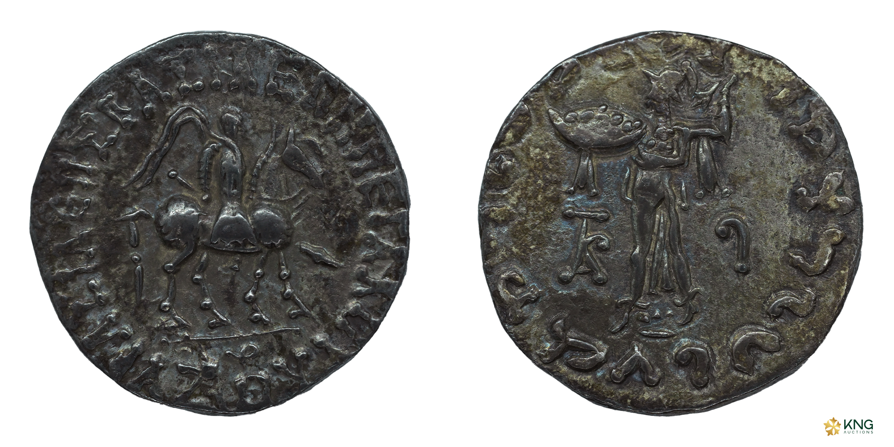 Indo-Scythians, Azes I (c. 57–35 BC), silver tetradrachm (9.27 g, 24.97 mm). Obv: King mou