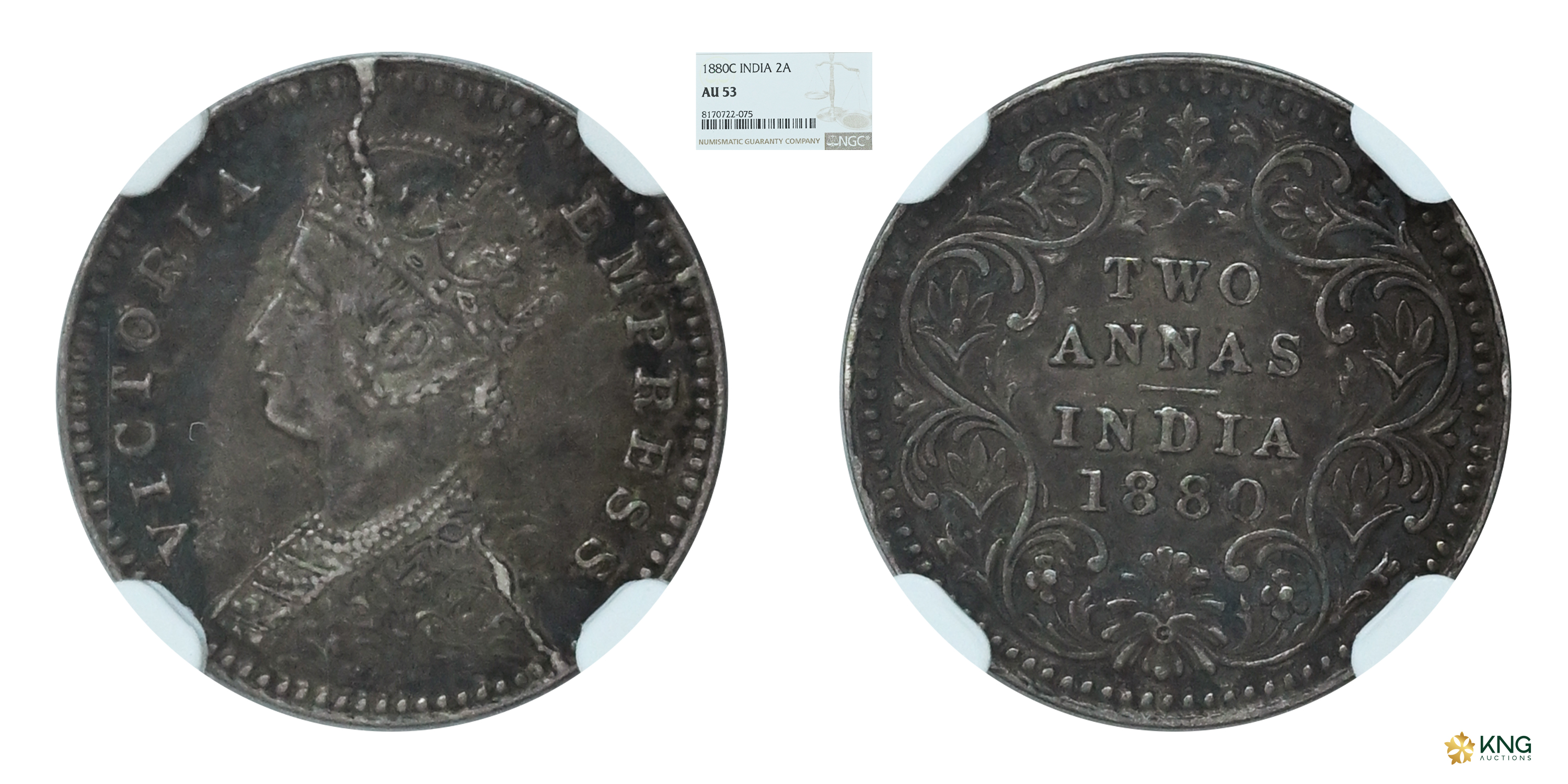 British India, Victoria Empress , silver two annas , 1880 , Calcutta mint, B/II variety, w
