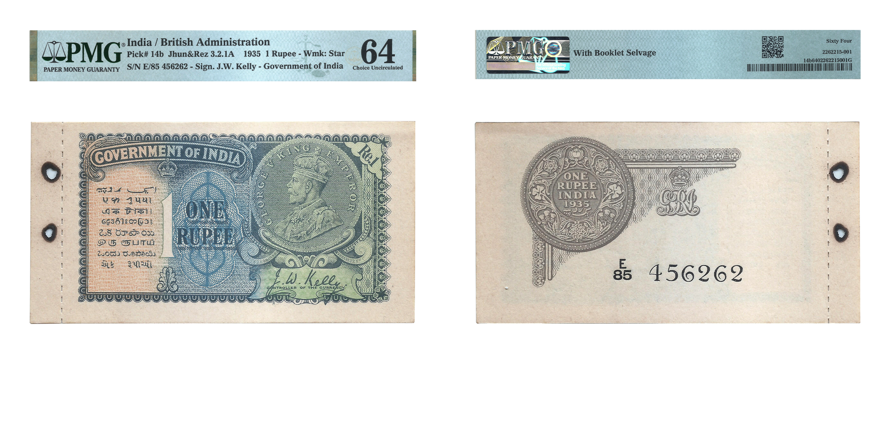 British India, 1935, King George V, 1 Rupee, Signed by J.W. Kelly , E Prefix, S. No. E85 4