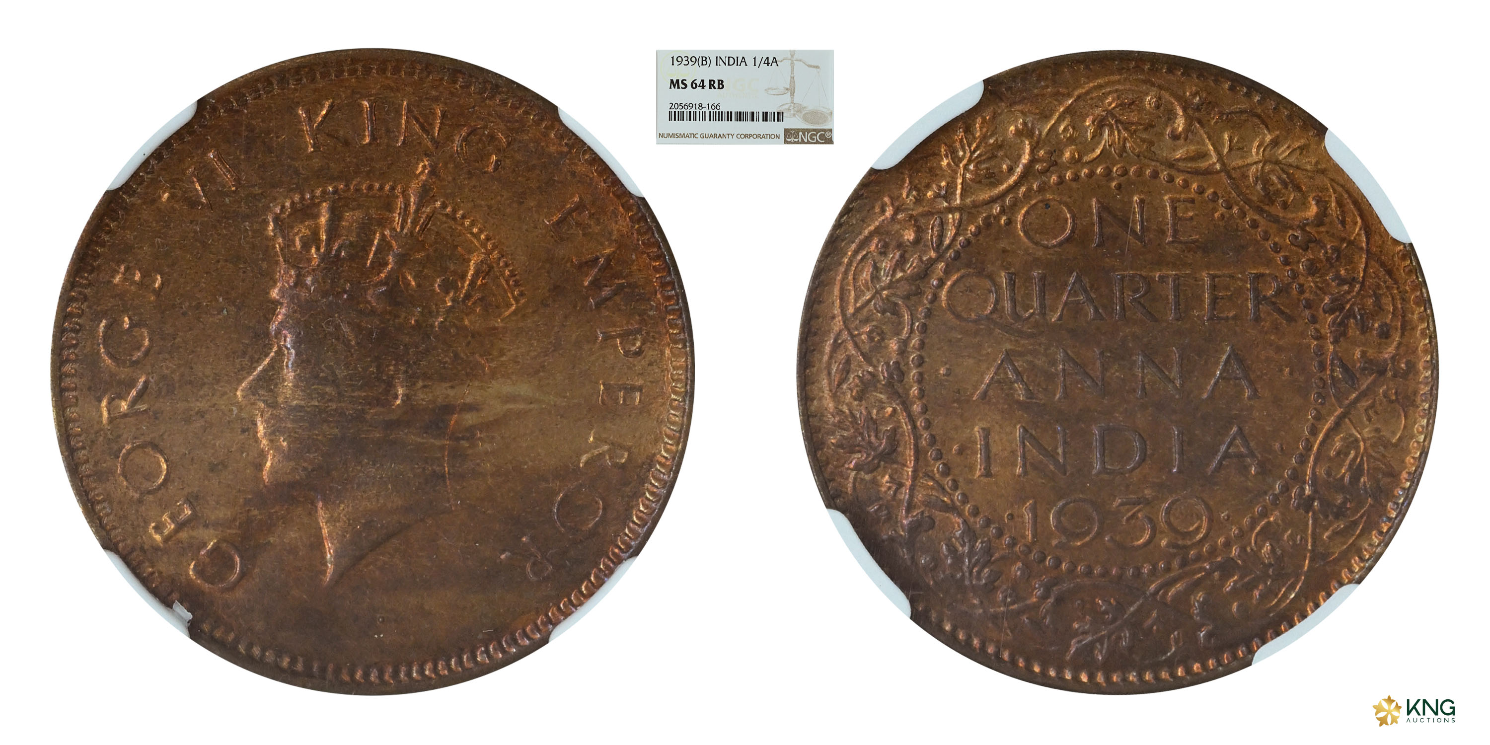 British India , George VI, King Emperor , bronze ¼ anna , 1939, Bombay mint , First Head, 