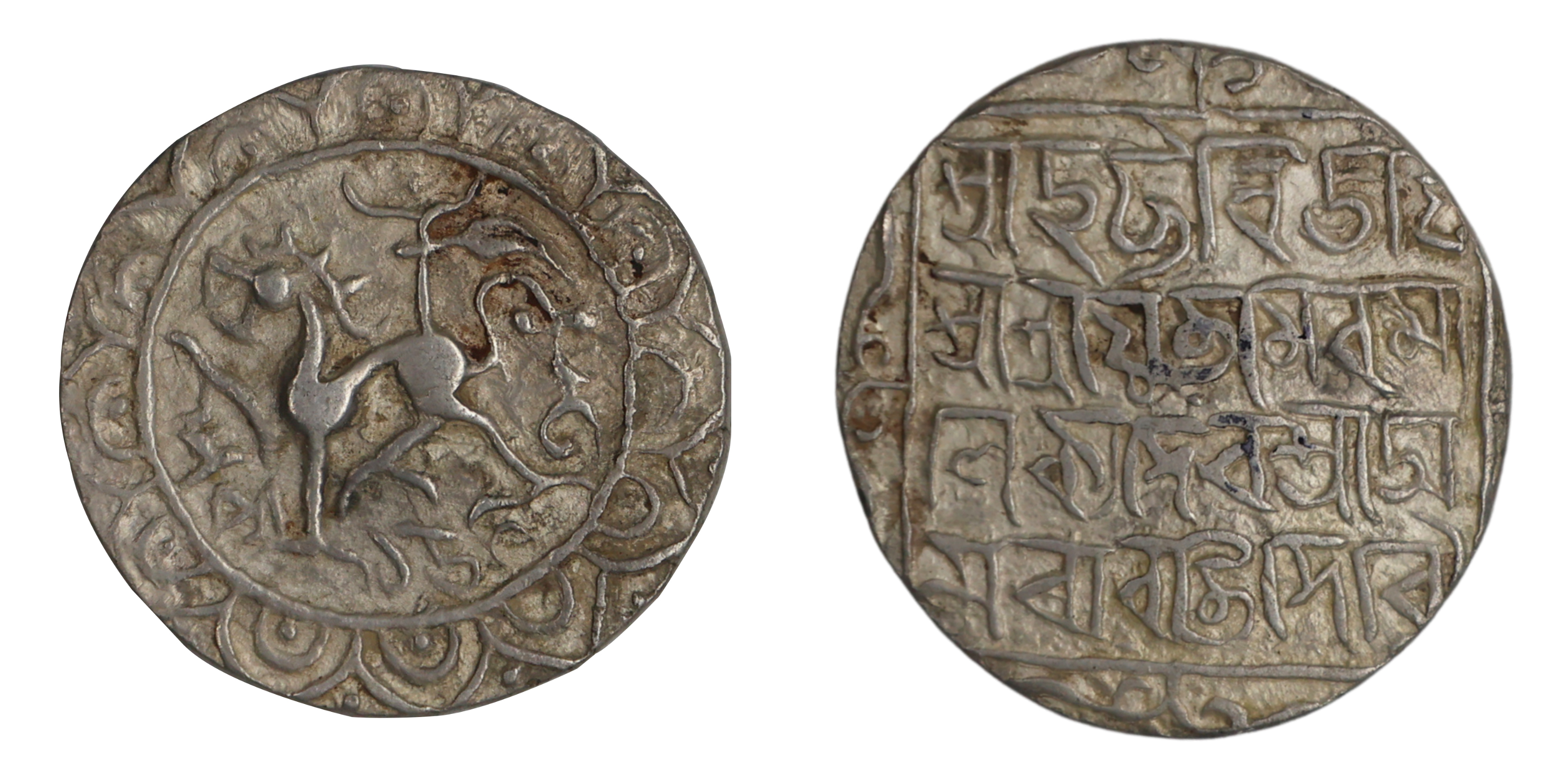 Amara Manikya (SE 1499-1508, 1577-1586 AD), Silver Tanka, Saka 1503 , 10.7g, 25.05mm, Obv: