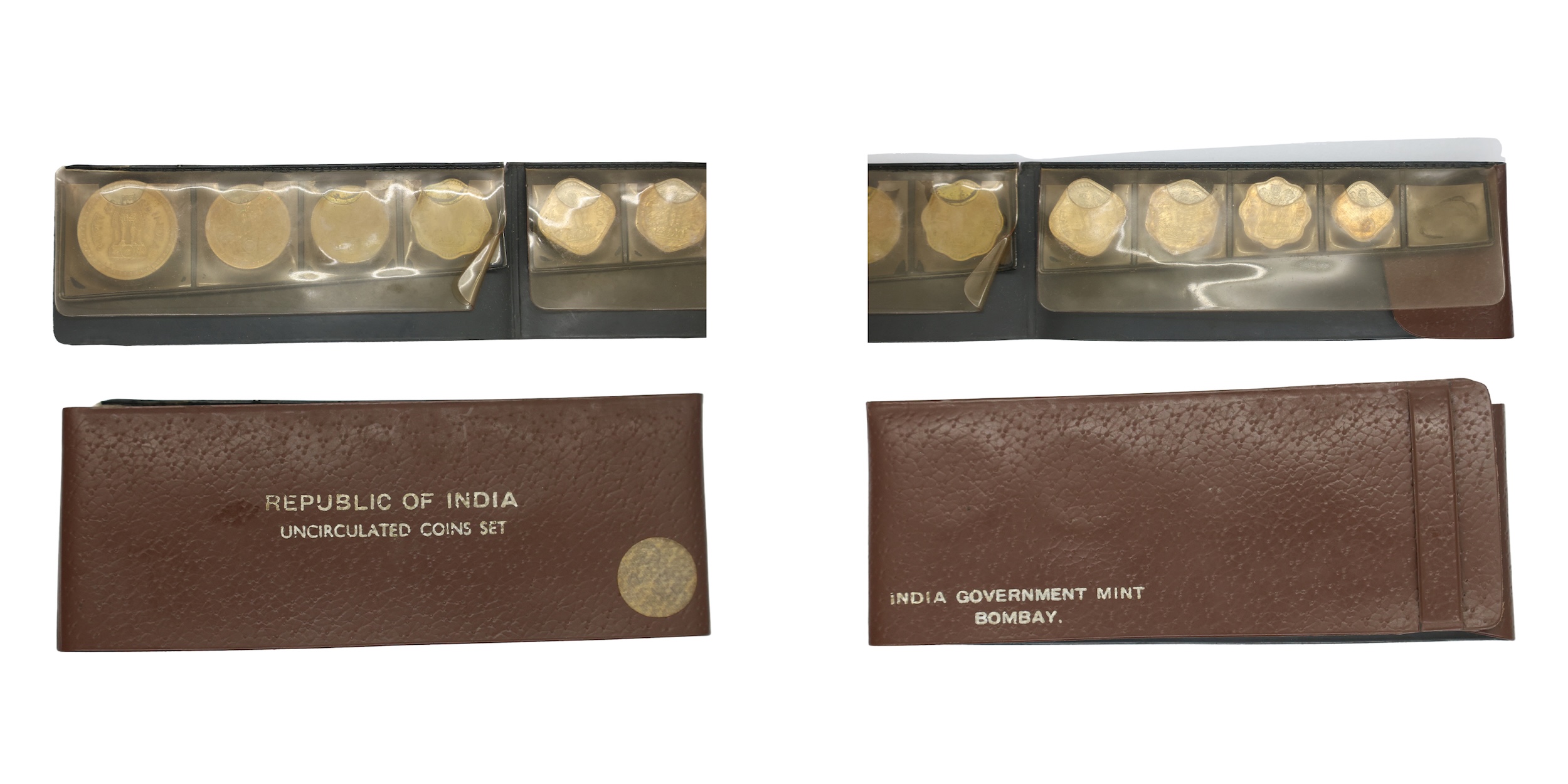 1970, Uncirculated strip of regular issue, set of 8 coins, Bombay Mint , 1 Rupee, 50 Paise