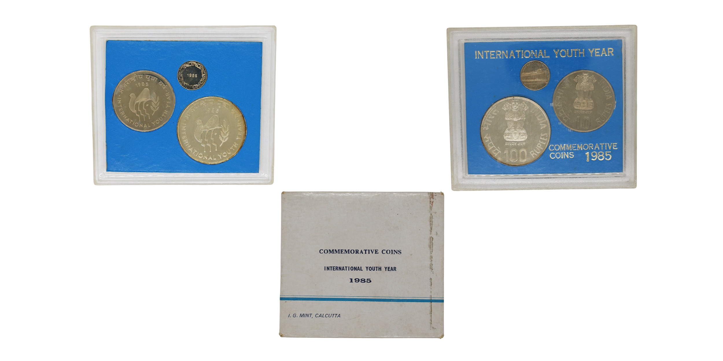 1985, Commemorative, “International Youth Year”, Calcutta Mint, UNC Coins Set - (in acryli