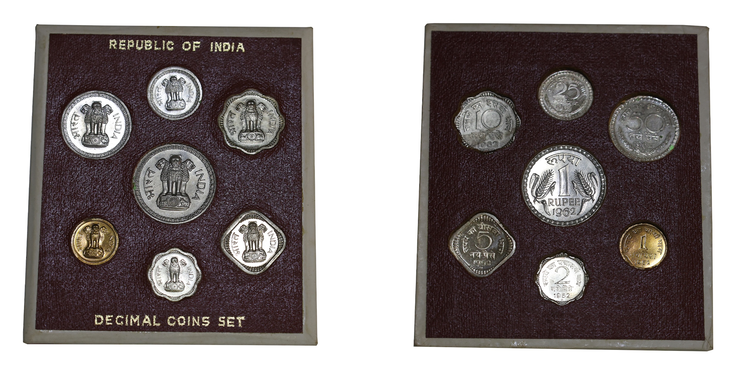 1962, Proof Set, Decimal Coins Set (Regular Series), Set of 7 Coins , 1 Rupee, 50 Naya Pai