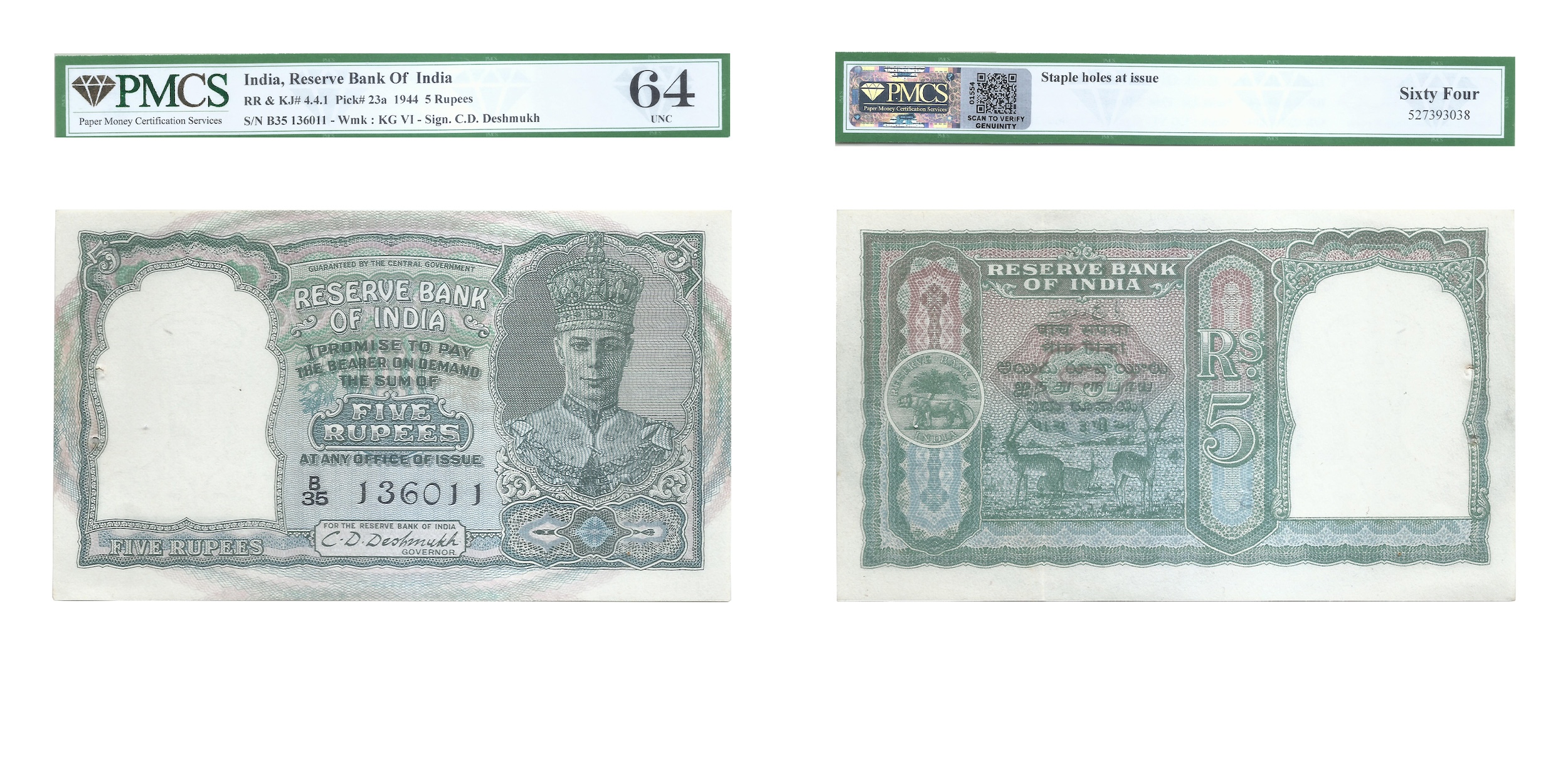 British India, 1944, King George VI, 5 Rupees, Signed by C.D. Deshmukh , Serial number in 